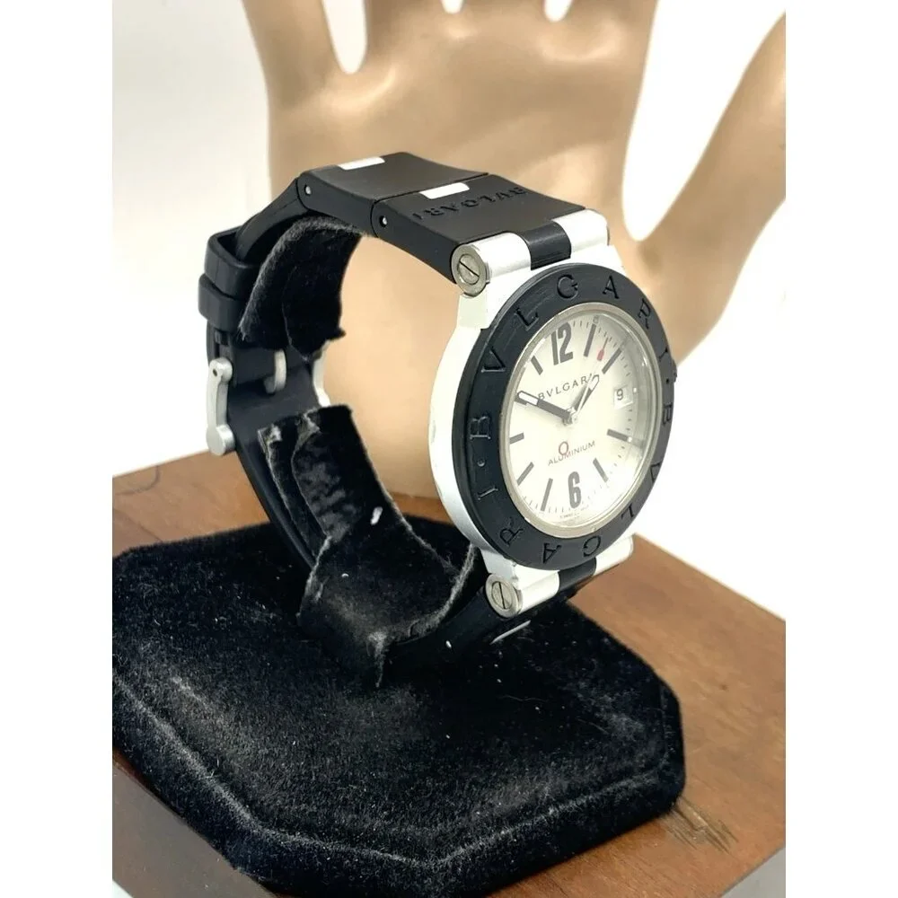 Bvlgari Men's Watch AL38A Aluminum Swiss Automatic Silver Dial Black Rubber 38mm